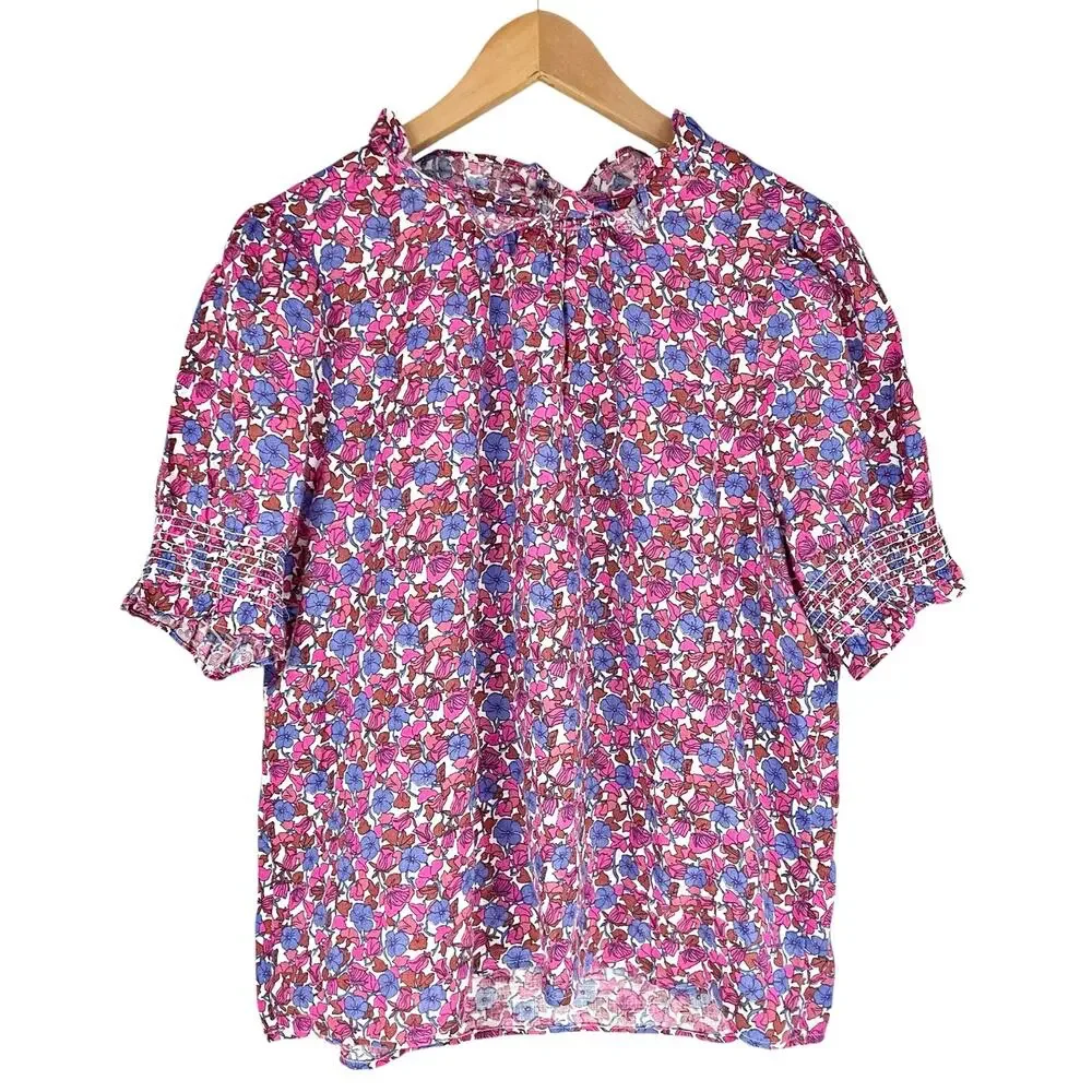 J. CREW Smocked Linen Puff-Sleeve Top in Berry Floral Size XL Ruffle Details